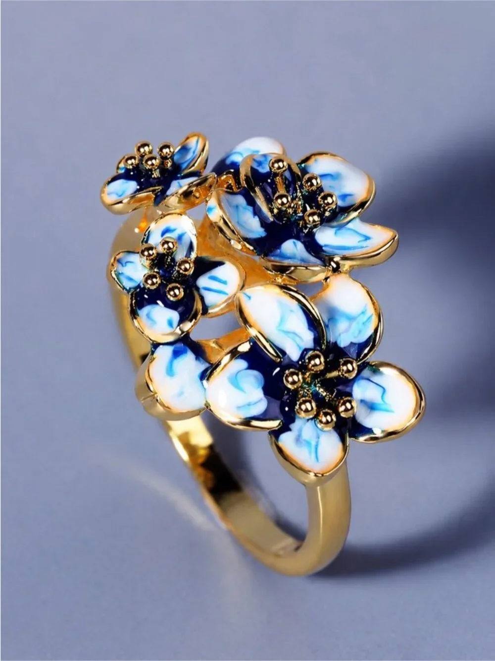925 Silver Creative Blue Flower Enamel Epoxy Zircon Ring